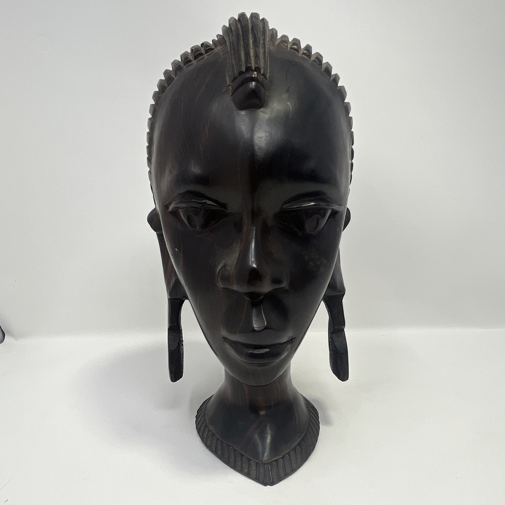 African Carved Wooden Head Bust Sculpture with Elongated Earrings